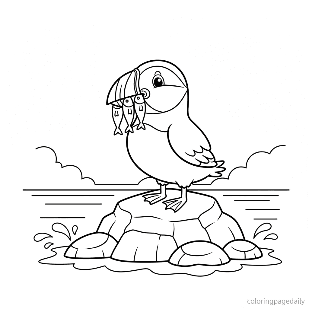Puffin's Perfect Fish Catch - Daily printable coloring page in Kids - Ocean and Underwater Life category