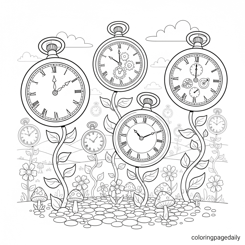 Magical Pocket Watch Garden - Daily printable coloring page in Kids - Scenery category