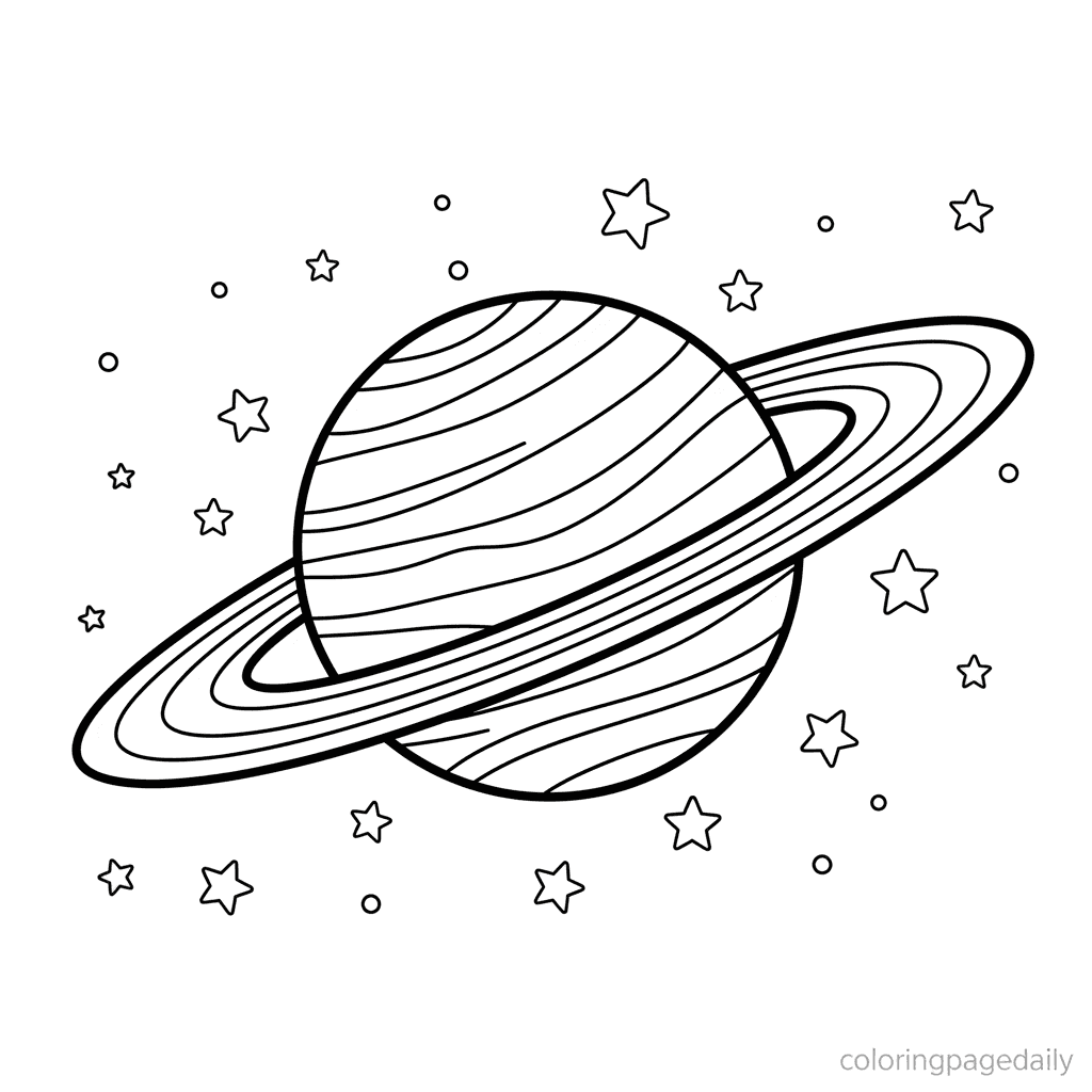 Planet Saturn and its Rings - Daily printable coloring page in Kids - Space category
