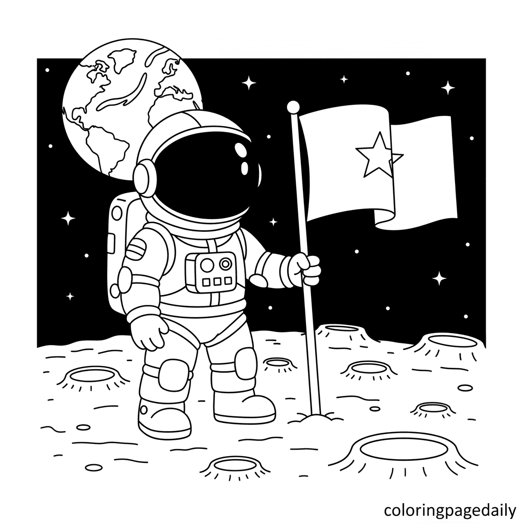 Astronaut Plants a Flag on the Moon - Daily printable coloring page in Kids - Space category