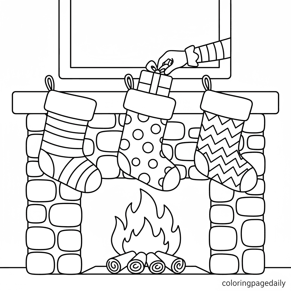 Elf Fills Christmas Stockings - Daily printable coloring page in Kids - Christmas category