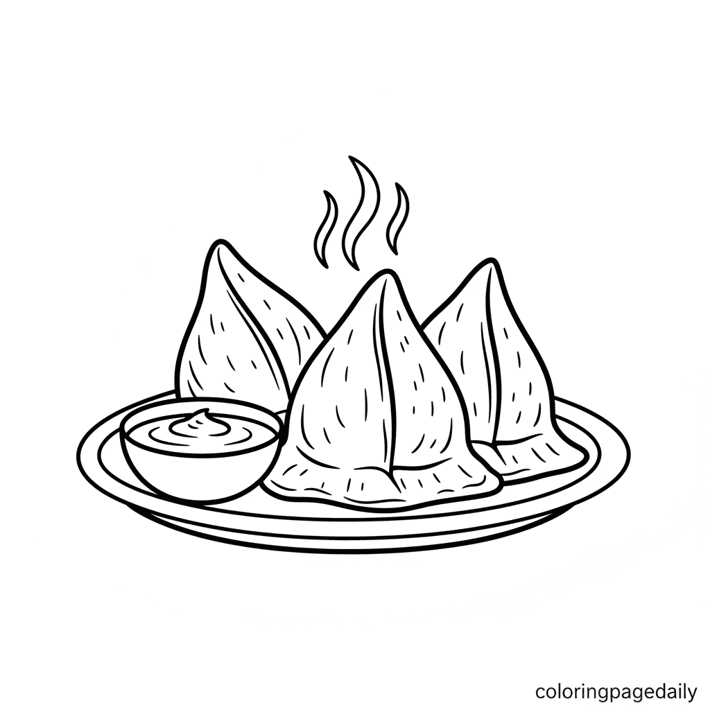 A Plate of Hot Samosas - Daily printable coloring page in Kids - Food category