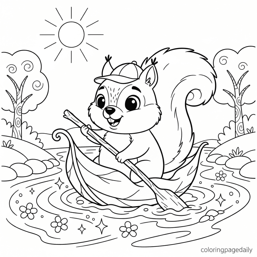 Squirrel's Autumn Leaf Boat - Daily printable coloring page in Kids - Scenery category