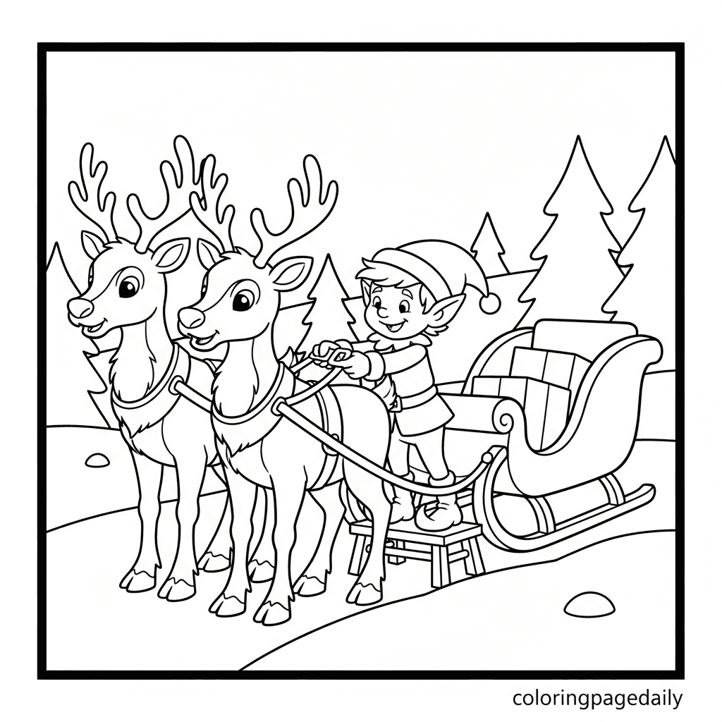 Elf Prepares Santa's Sleigh - Daily printable coloring page in Kids - Christmas category