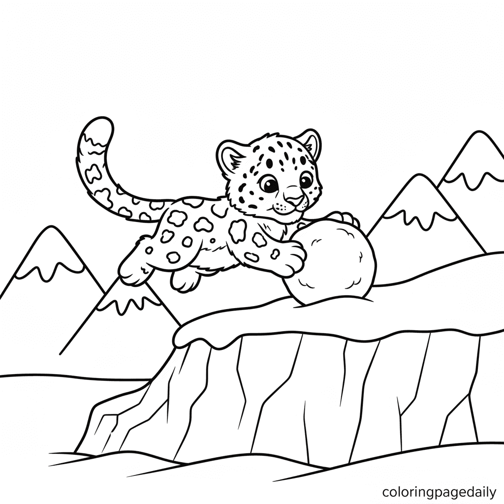 Snow Leopard Cub Pounces - Daily printable coloring page in Kids - Winter and Snow Season category