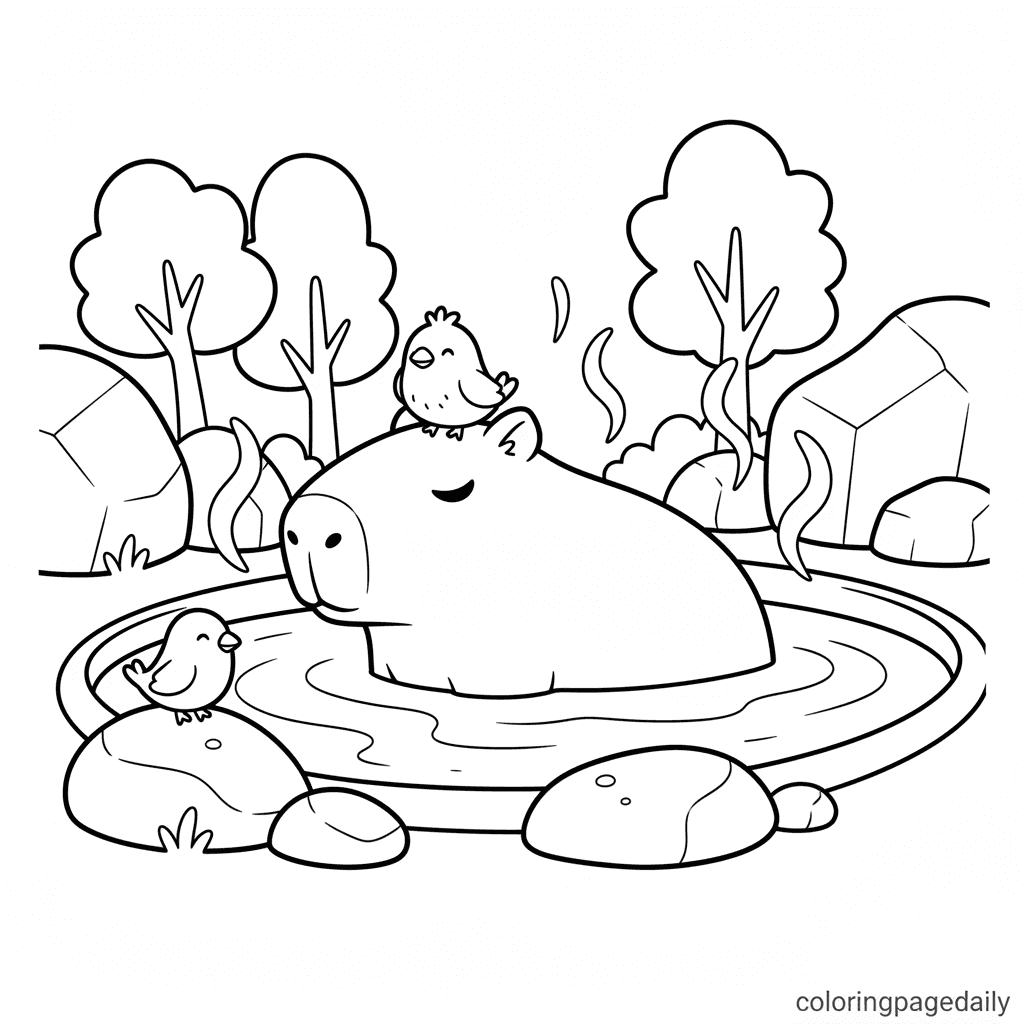 Capybara's Relaxing Hot Spring - Daily printable coloring page in Kids - Animals category