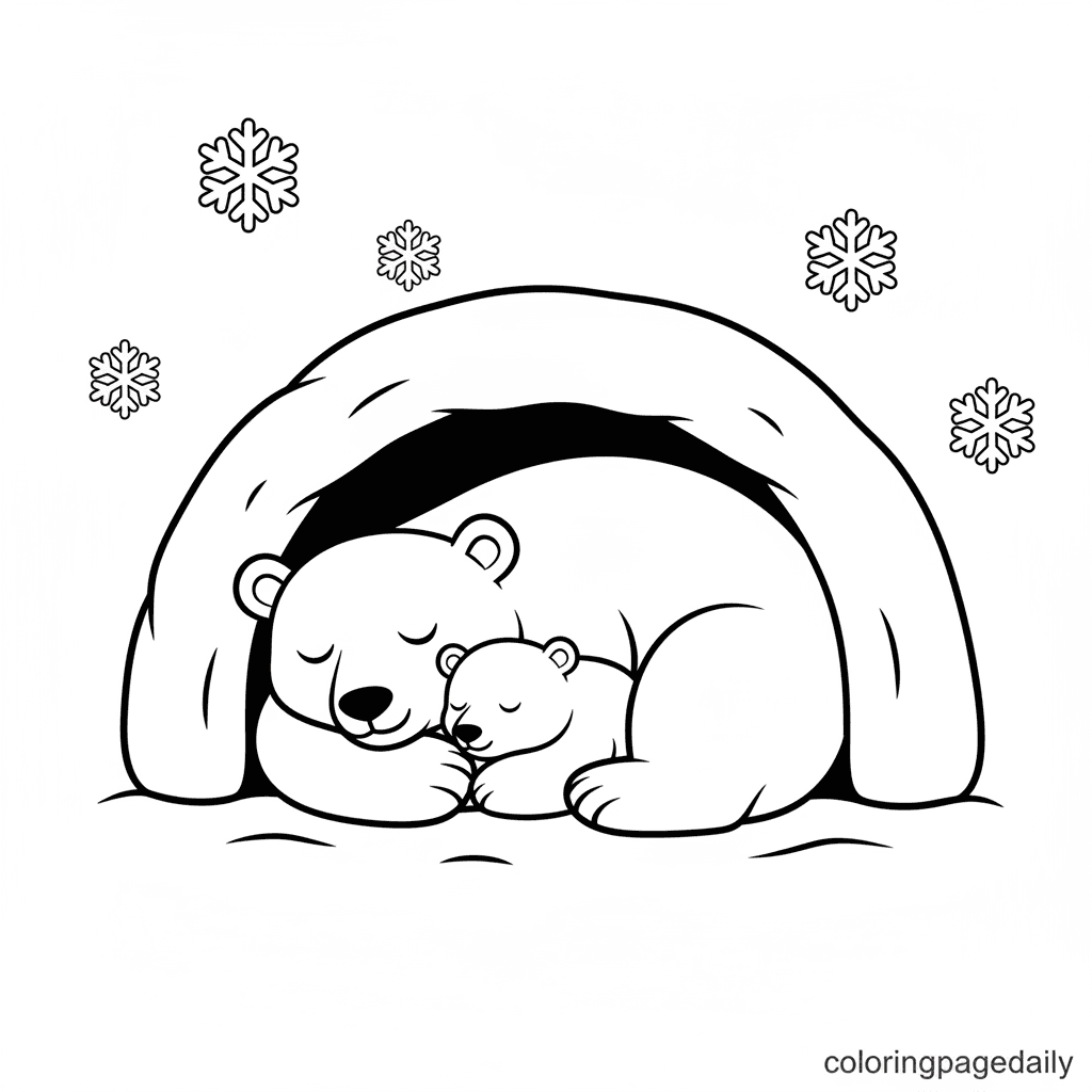 Polar Bears Sleeping in Den - Daily printable coloring page in Kids - Winter and Snow Season category