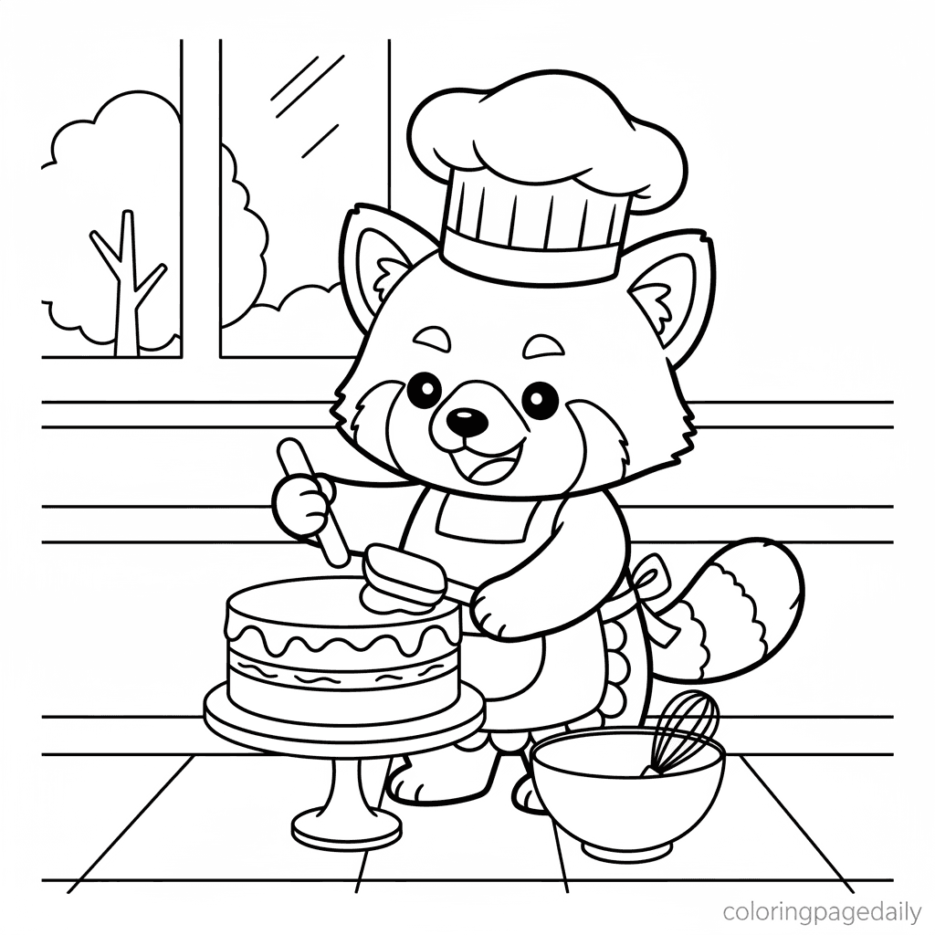 Red Panda Bakes a Cake - Daily printable coloring page in Kids - Animals category