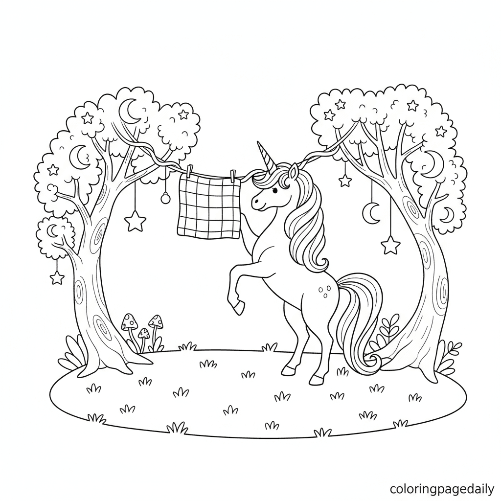 Unicorn Does Its Laundry - Daily printable coloring page in Kids - Mythical Creature category