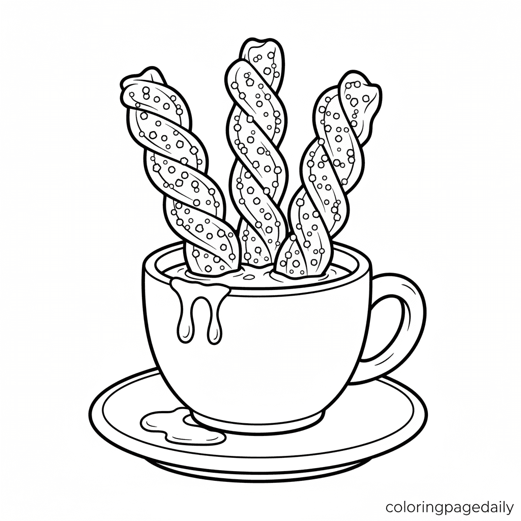 Spanish Churros and Chocolate - Daily printable coloring page in Kids - Food category