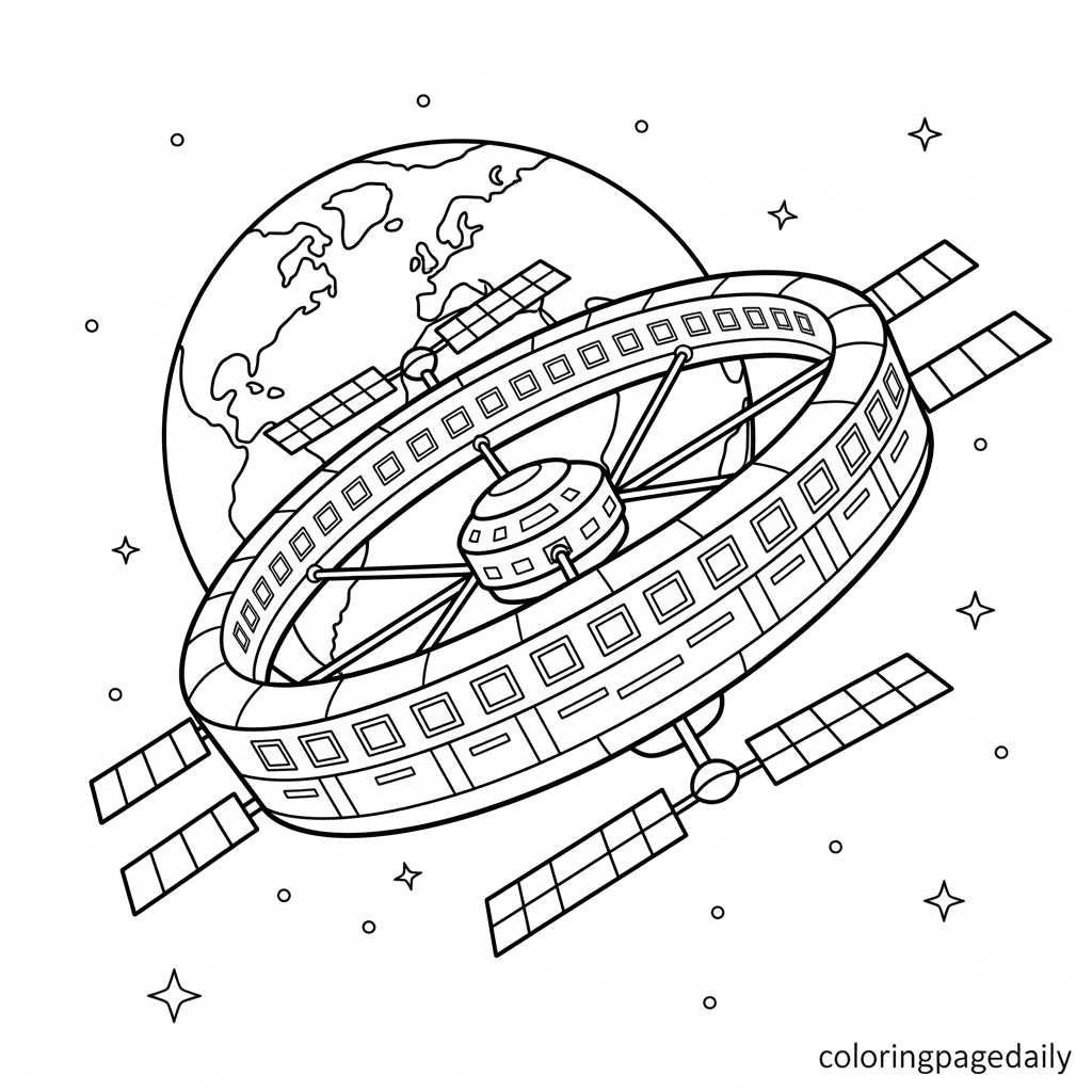 Ring-Shaped Space Station Orbiting - Daily printable coloring page in Kids - Space category