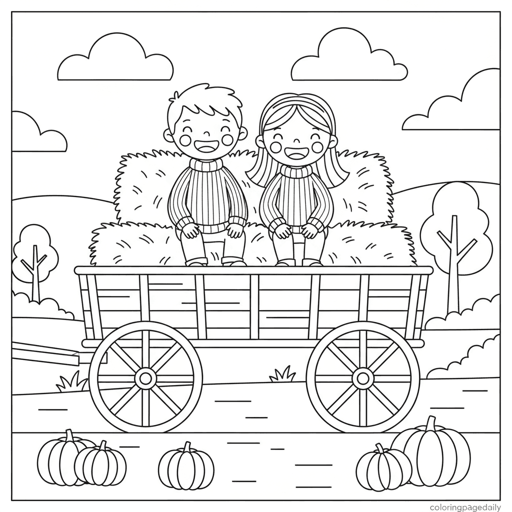 Kids Enjoying a Hayride - Daily printable coloring page in Kids - Thanksgiving category