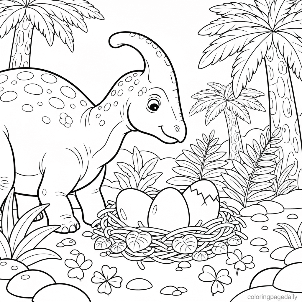 Mother Dino Watches Her Egg Hatch - Daily printable coloring page in Kids - Dinosaur category