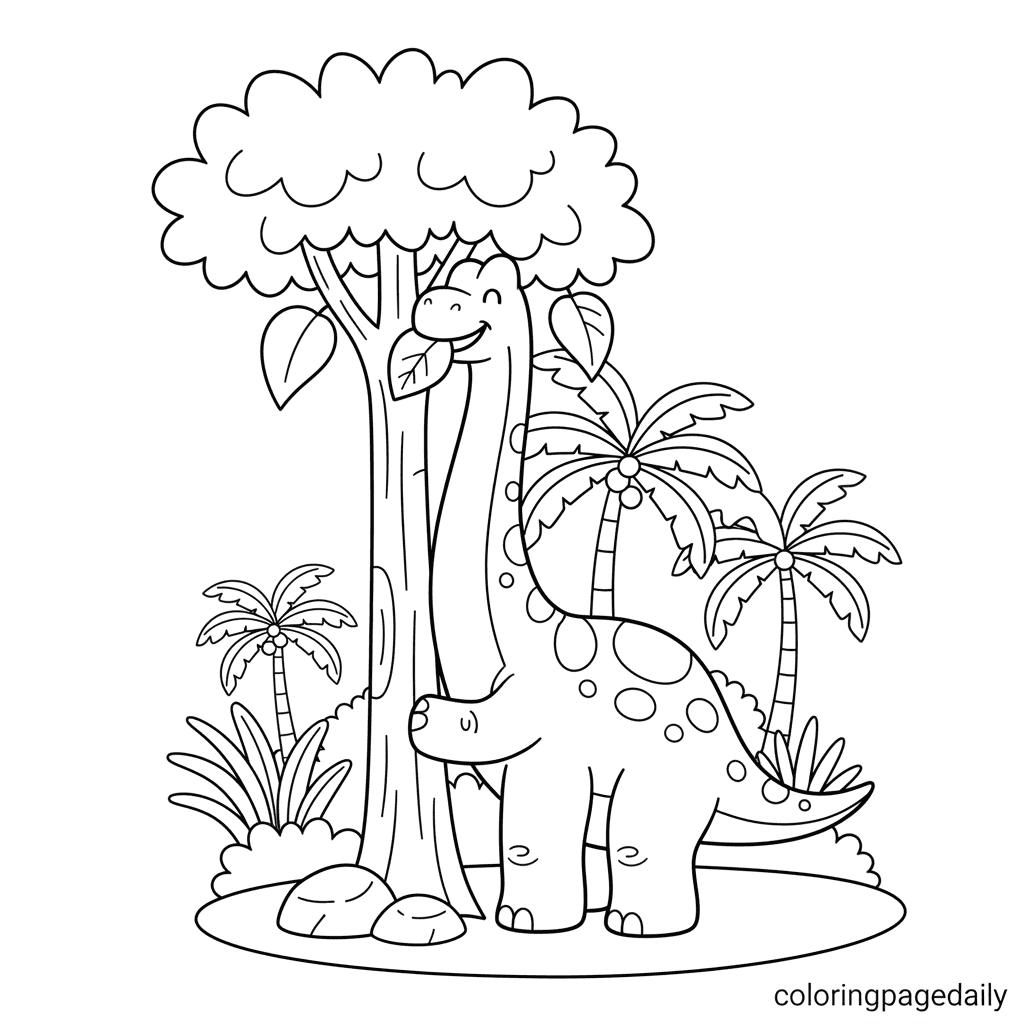 Brachiosaurus Reaching for Leaves - Daily printable coloring page in Kids - Dinosaur category