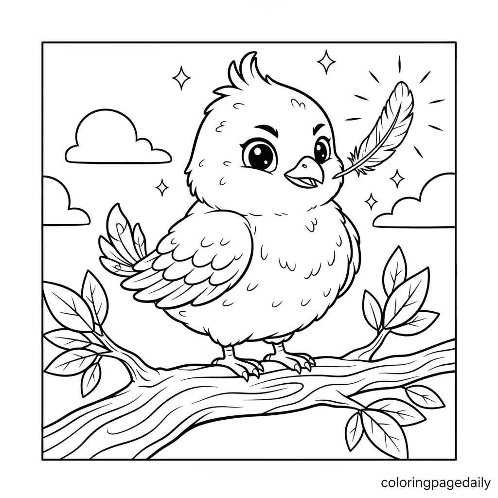 Phoenix Chick's First Glowing Feather - Daily printable coloring page in Kids - Mythical Creature category