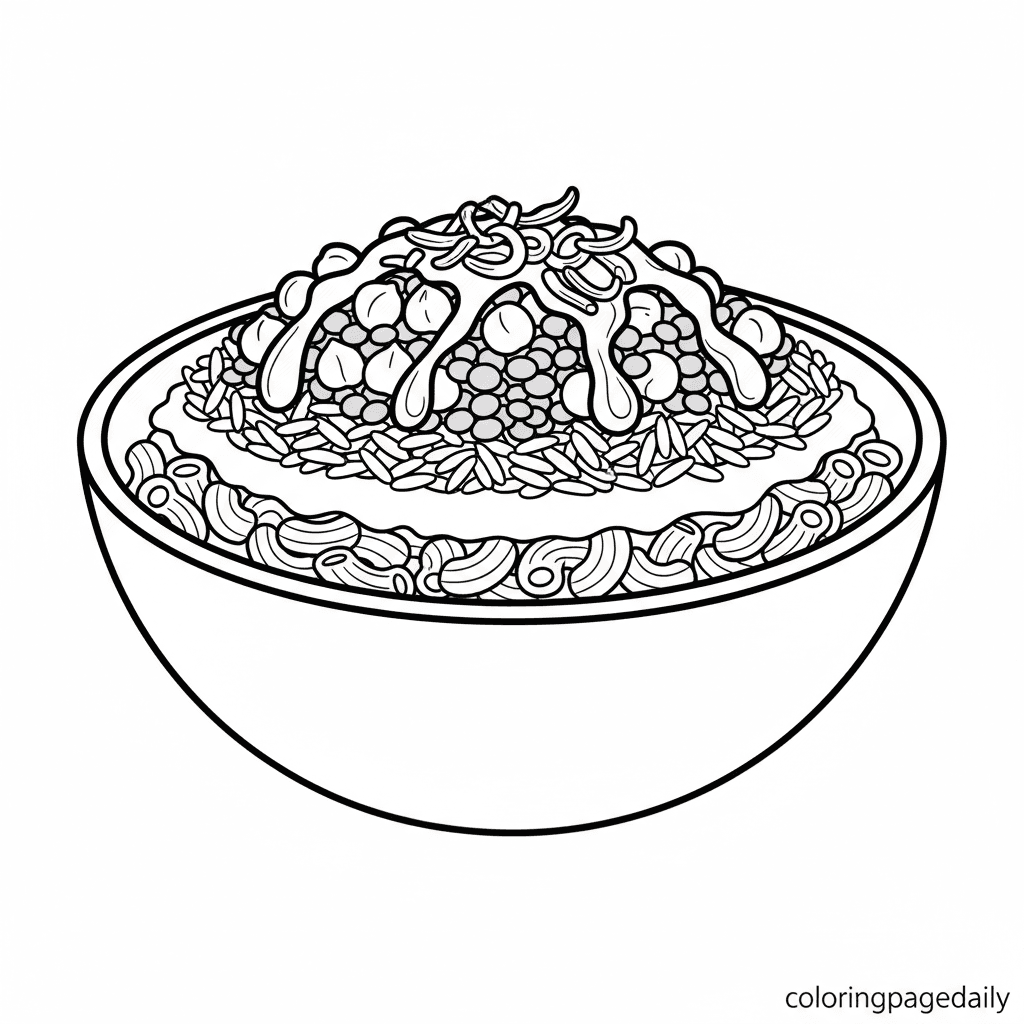 A Bowl of Egyptian Koshari - Daily printable coloring page in Kids - Food category