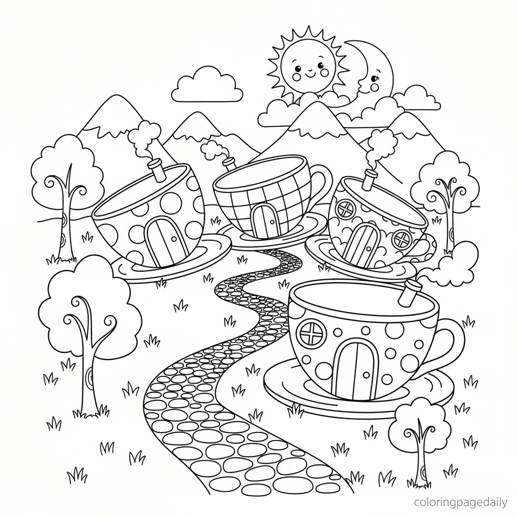The Whimsical Teacup Village - Daily printable coloring page in Kids - Scenery category