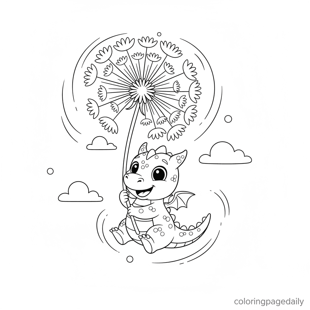 Baby Dragon's Dandelion Flight - Daily printable coloring page in Kids - Mythical Creature category