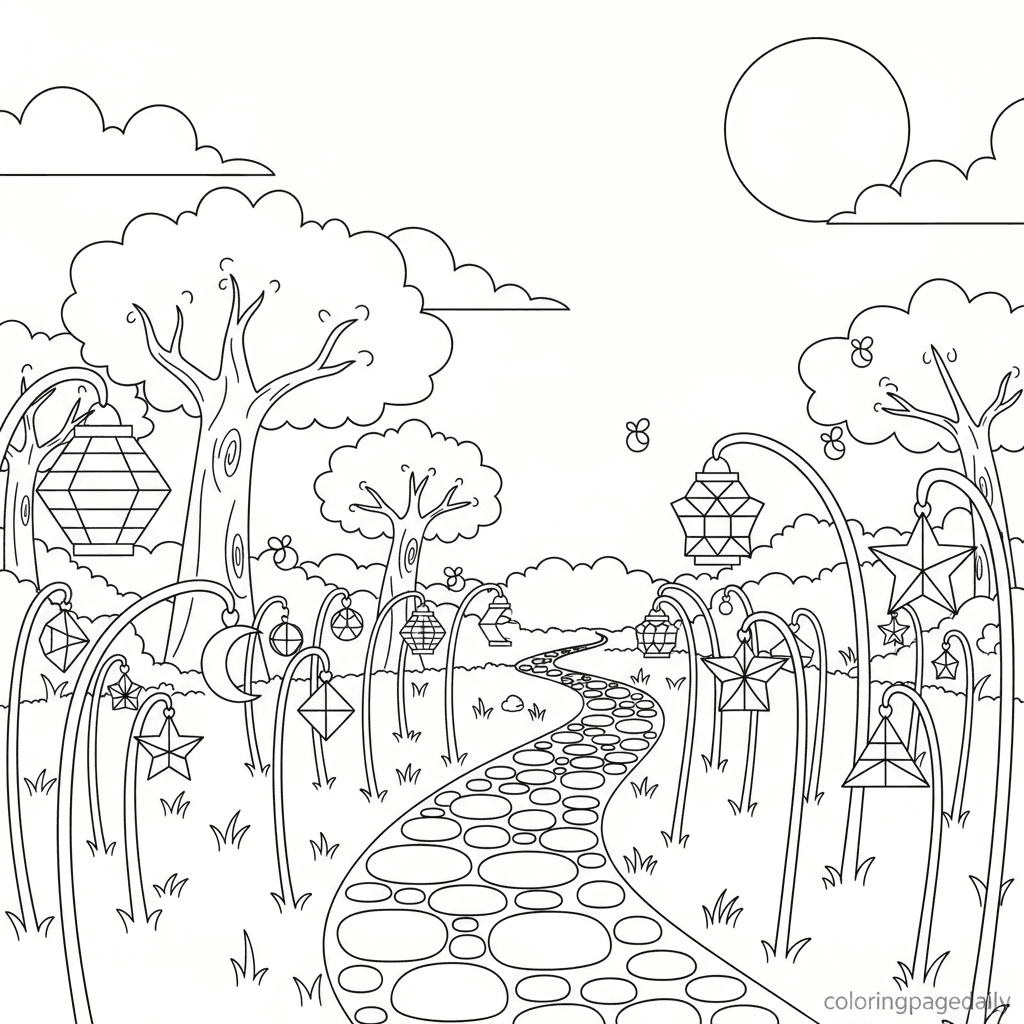 The Magical Lantern Garden - Daily printable coloring page in Kids - Scenery category