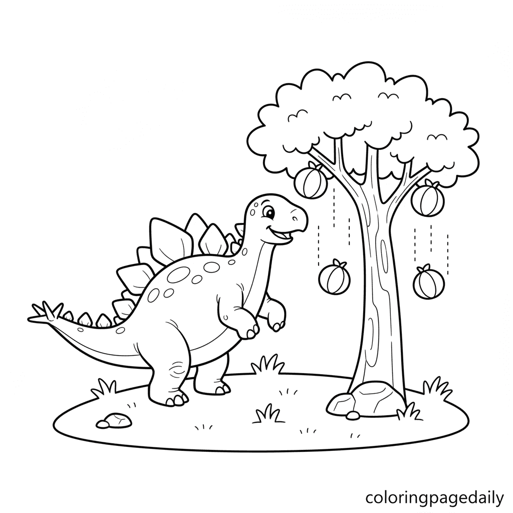Stegosaurus Shakes a Fruit Tree - Daily printable coloring page in Kids - Dinosaur category