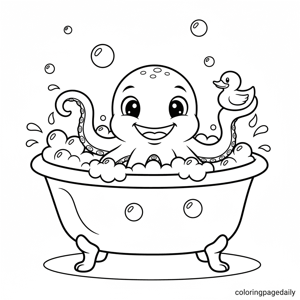 Baby Kraken Takes a Bubble Bath - Daily printable coloring page in Kids - Mythical Creature category