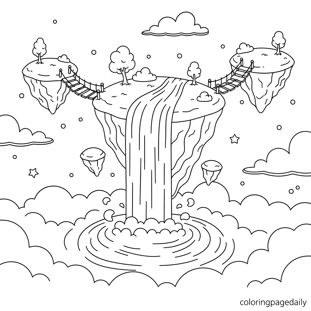 Magical Floating Islands in the Sky - Daily printable coloring page in Kids - Scenery category