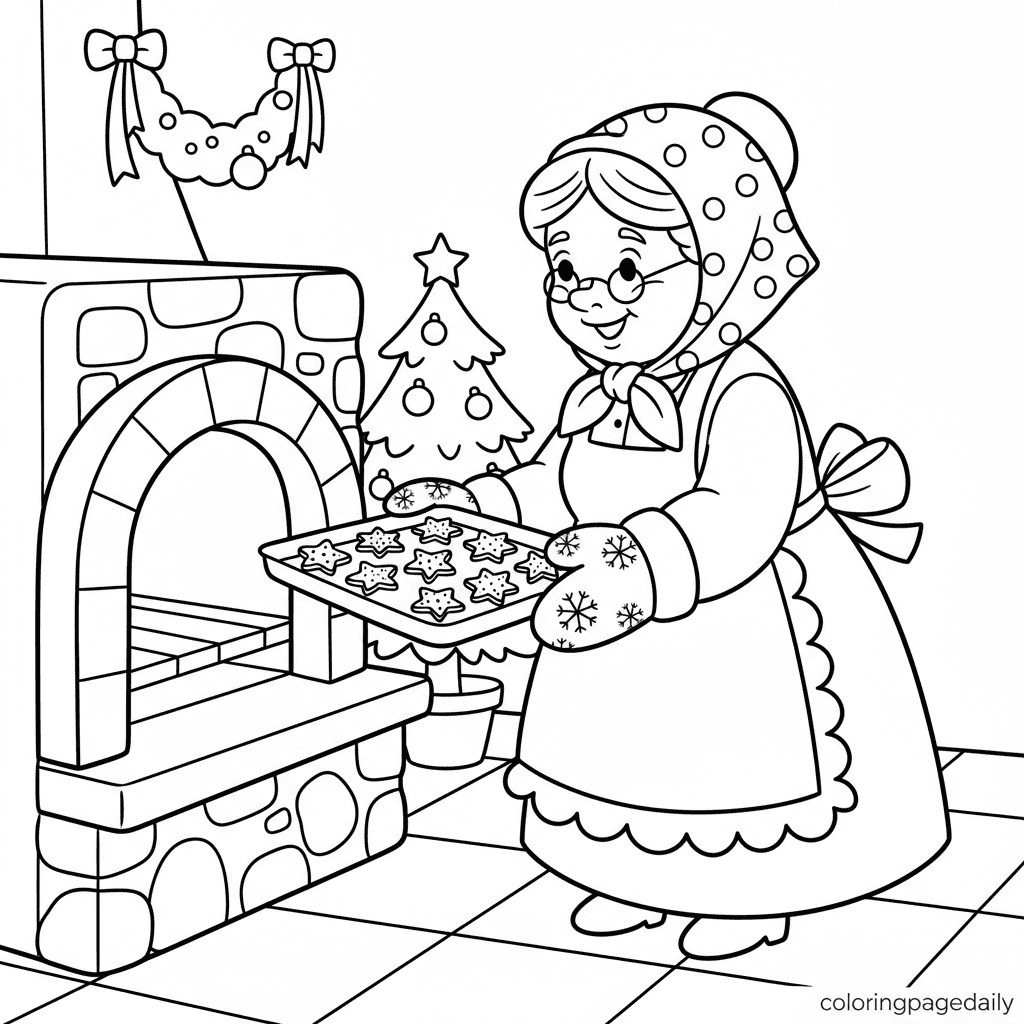 Mrs. Claus Bakes Christmas Cookies - Daily printable coloring page in Kids - Christmas category