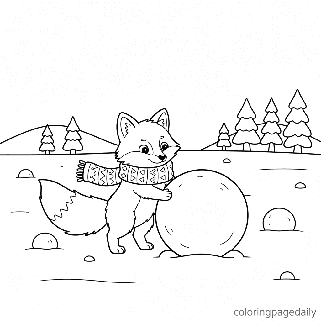 Arctic Fox Builds a Snowman - Daily printable coloring page in Kids - Winter and Snow Season category