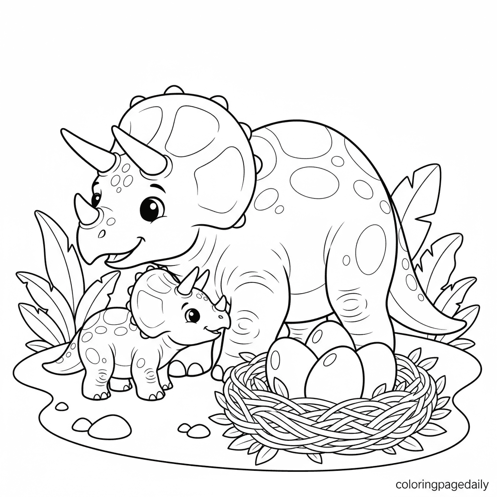 Baby Triceratops and Dinosaur Eggs - Daily printable coloring page in Kids - Dinosaur category