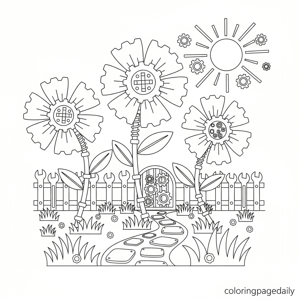 The Clockwork Flower Garden - Daily printable coloring page in Kids - Scenery category