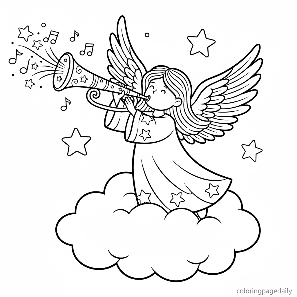 Christmas Angel Blowing Trumpet - Daily printable coloring page in Kids - Christmas category