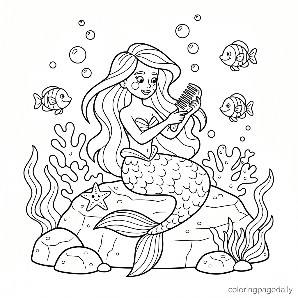 Mermaid Combing Her Hair - Daily printable coloring page in Kids - Ocean and Underwater Life category