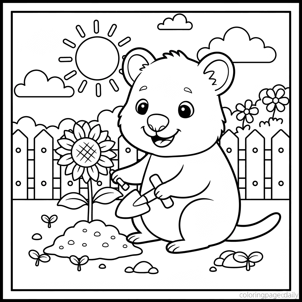 Quokka Plants a Sunflower - Daily printable coloring page in Kids - Animals category