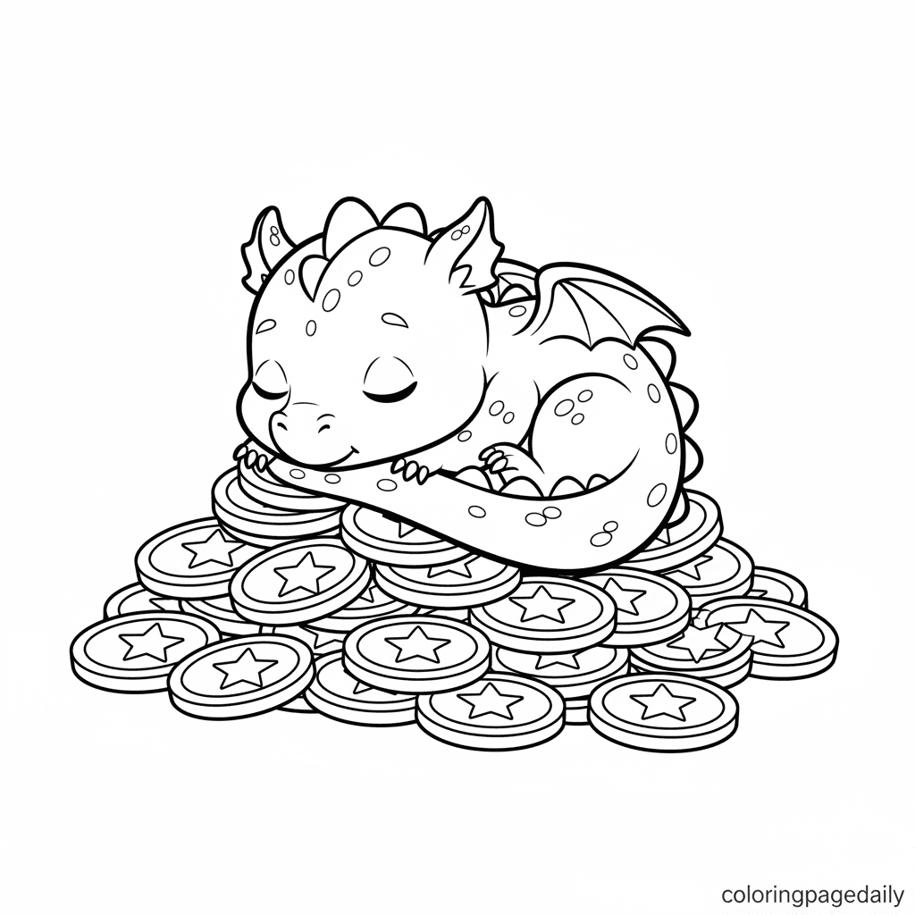 Baby Dragon's Treasure Nap - Daily printable coloring page in Kids - Mythical Creature category