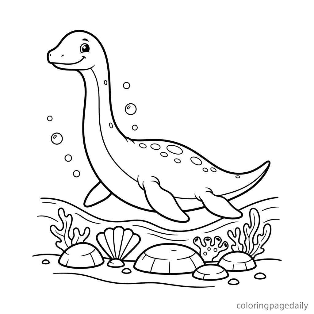Plesiosaur Swimming Gracefully - Daily printable coloring page in Kids - Dinosaur category