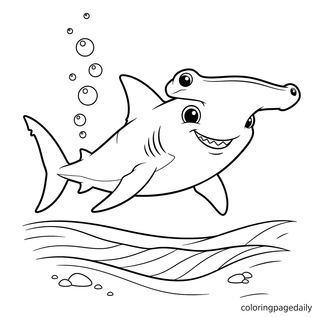Hammerhead Shark Swims By - Daily printable coloring page in Kids - Ocean and Underwater Life category