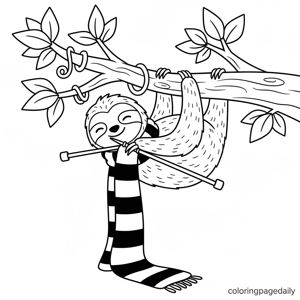 Sloth Knitting a Scarf - Daily printable coloring page in Kids - Animals category