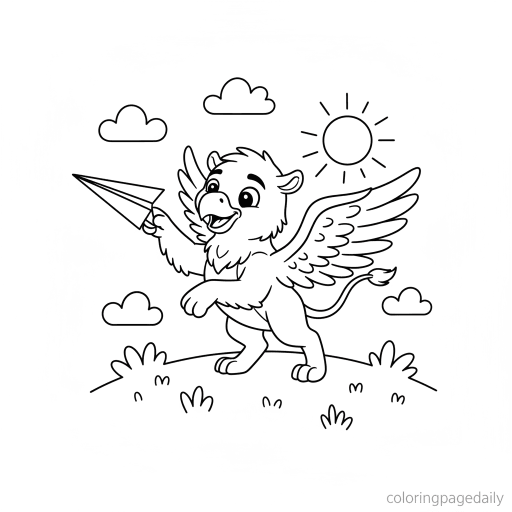 Griffin Throws Paper Airplane - Daily printable coloring page in Kids - Mythical Creature category