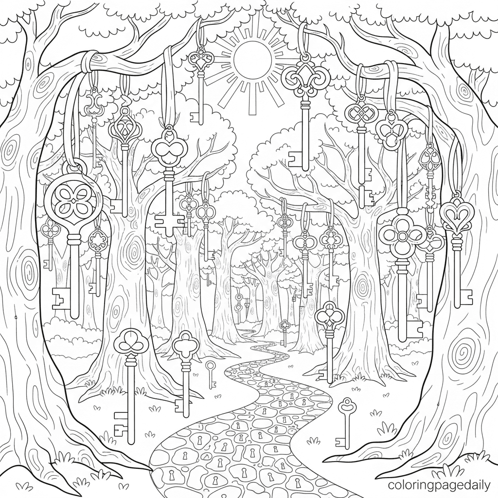 Magical Forest of Keys - Daily printable coloring page in Kids - Scenery category