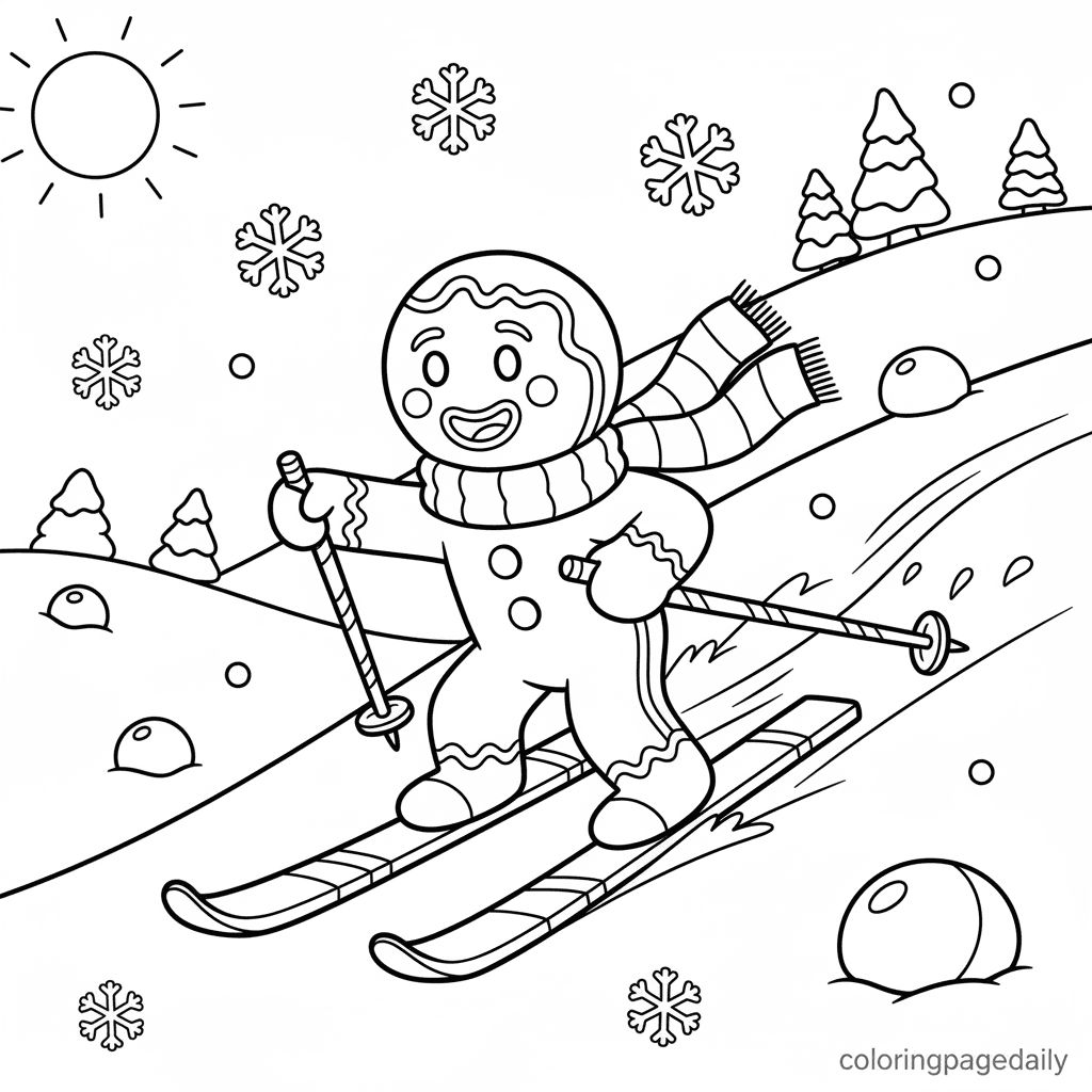 Gingerbread Man Skiing - Daily printable coloring page in Kids - Christmas category
