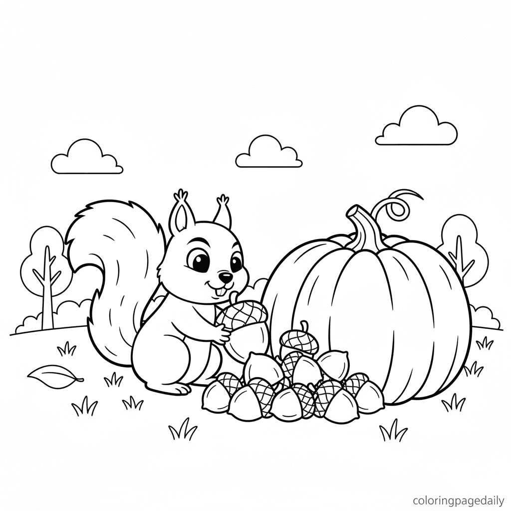 Squirrel's Thanksgiving Harvest - Daily printable coloring page in Kids - Thanksgiving category