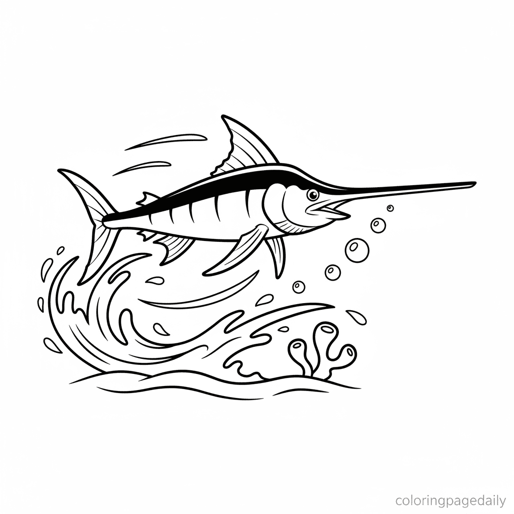 Swordfish Swimming Fast - Daily printable coloring page in Kids - Ocean and Underwater Life category