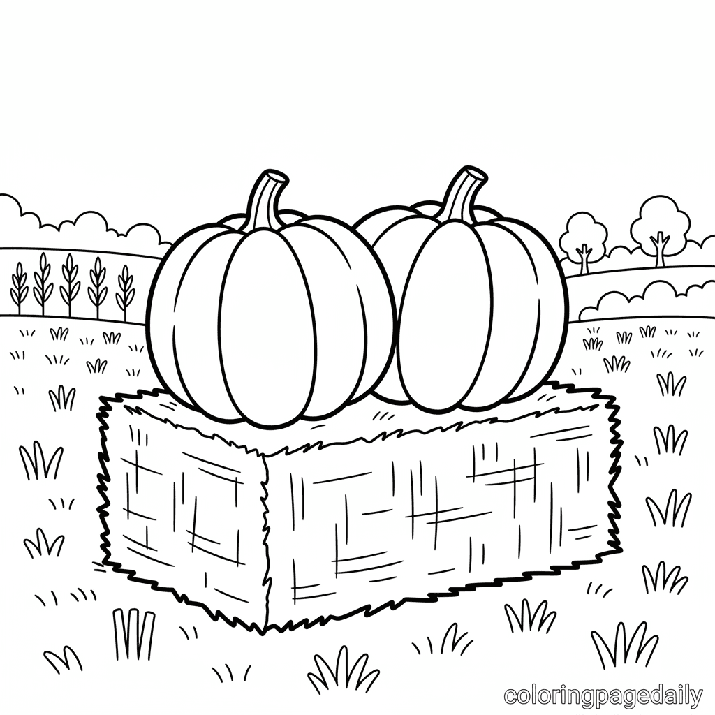 Pumpkins on Hay Bale - Daily printable coloring page in Kids - Thanksgiving category