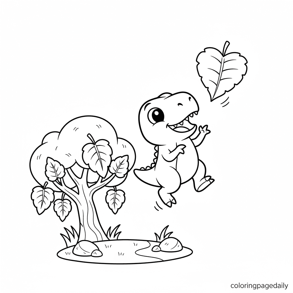 Baby T-Rex Catches Leaf - Daily printable coloring page in Kids - Dinosaur category