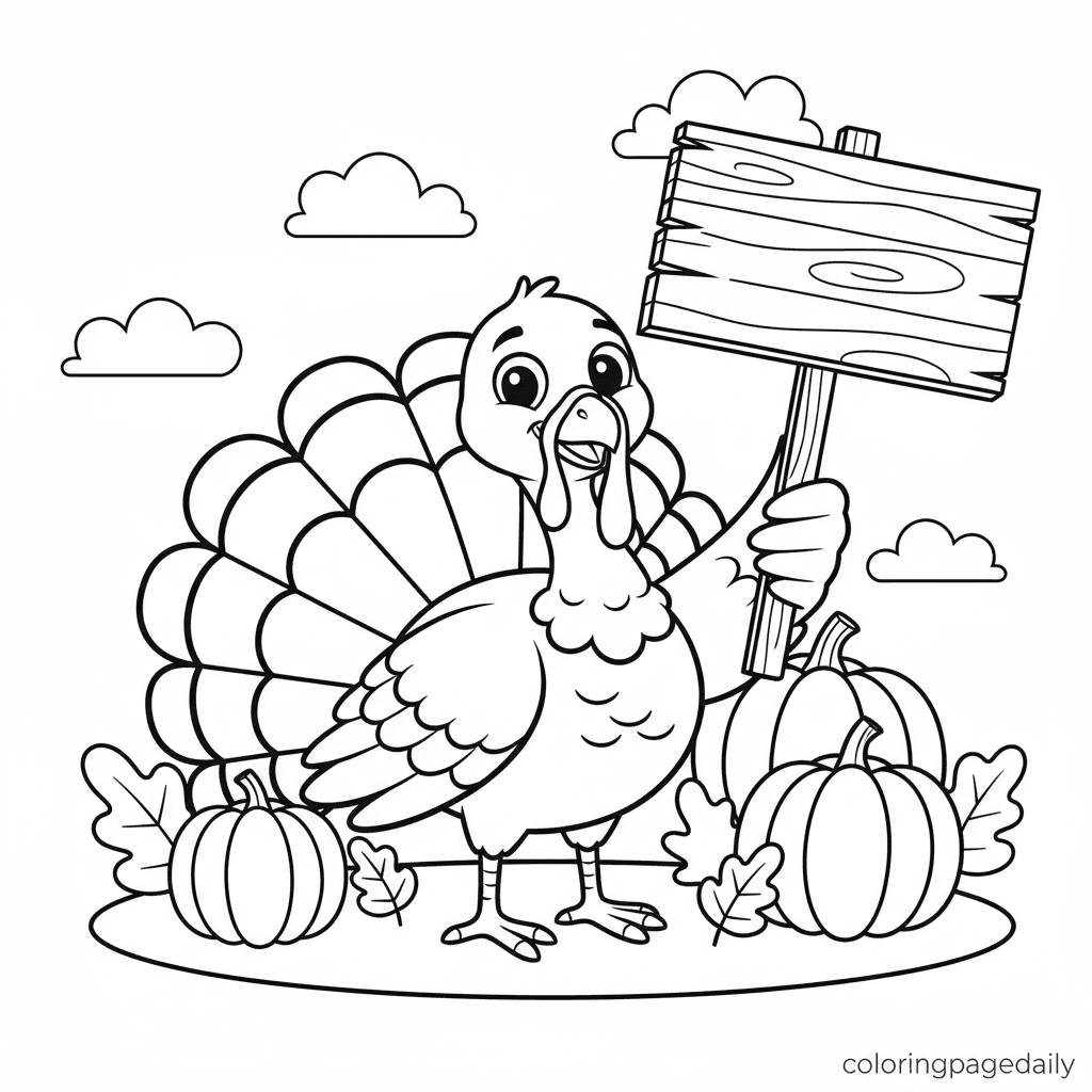 Turkey Holding a Sign - Daily printable coloring page in Kids - Thanksgiving category