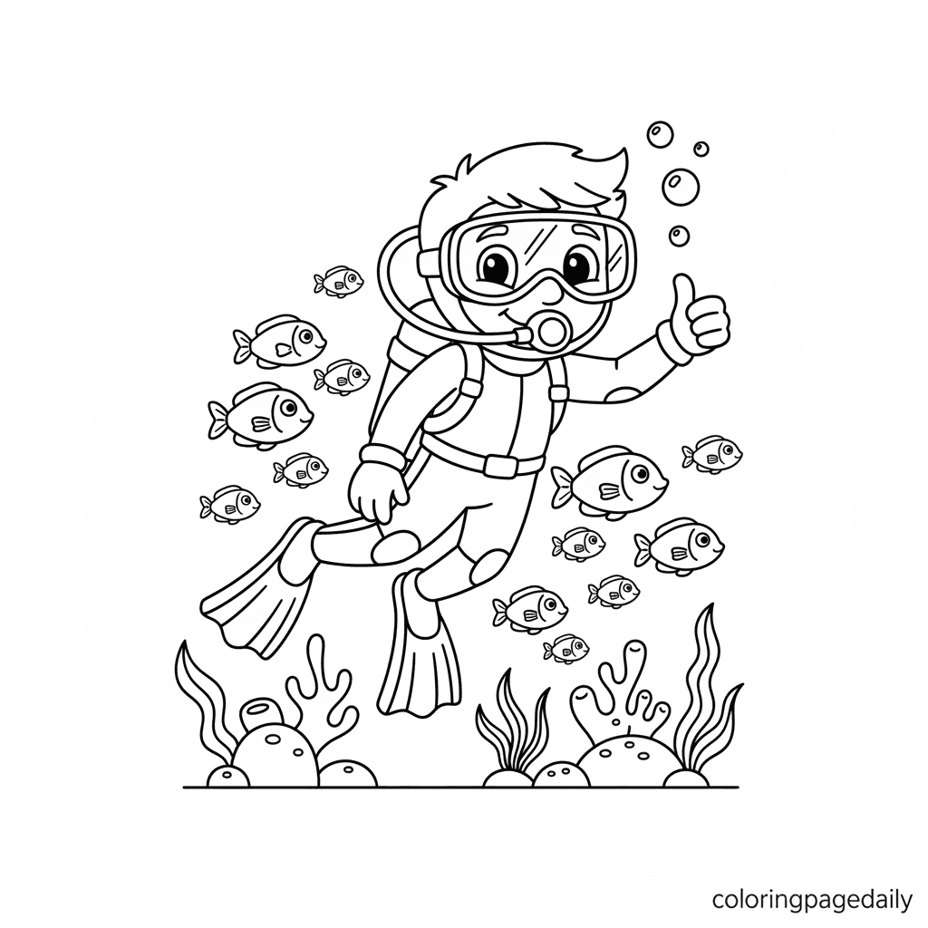 Scuba Diver Ocean Adventure - Daily printable coloring page in Kids - Ocean and Underwater Life category