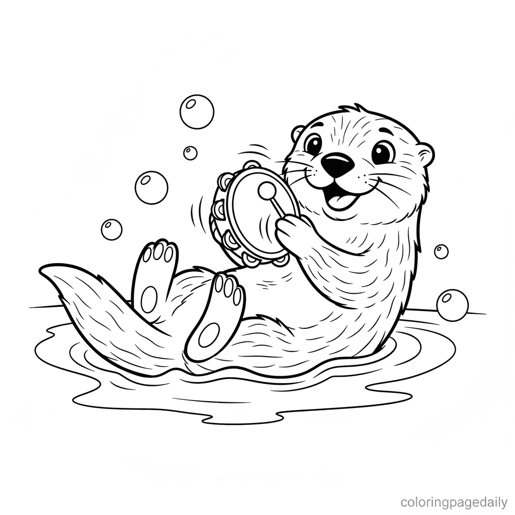 Sea Otter Plays Tambourine - Daily printable coloring page in Kids - Animals category