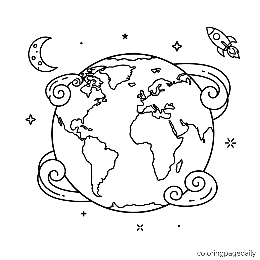 Planet Earth Floating - Daily printable coloring page in Kids - Space category