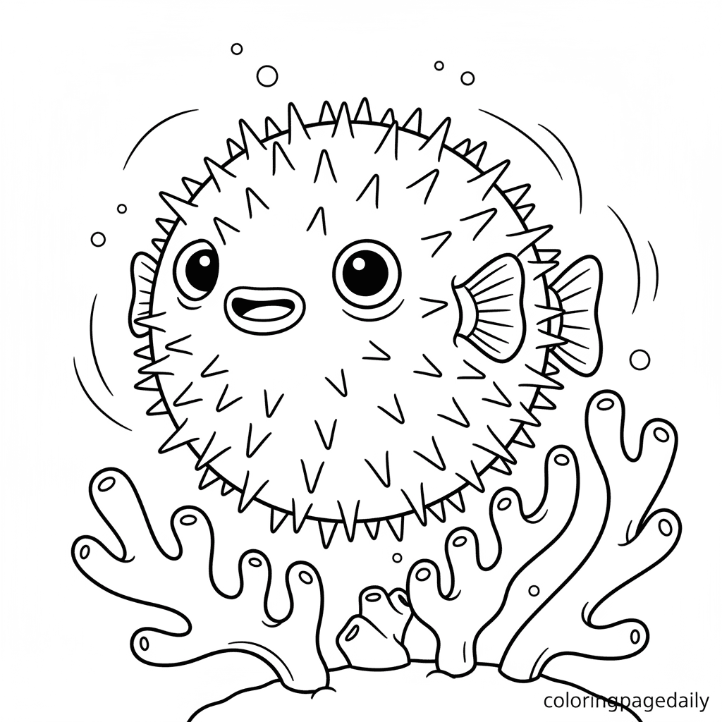 Pufferfish Puffs Up - Daily printable coloring page in Kids - Ocean and Underwater Life category