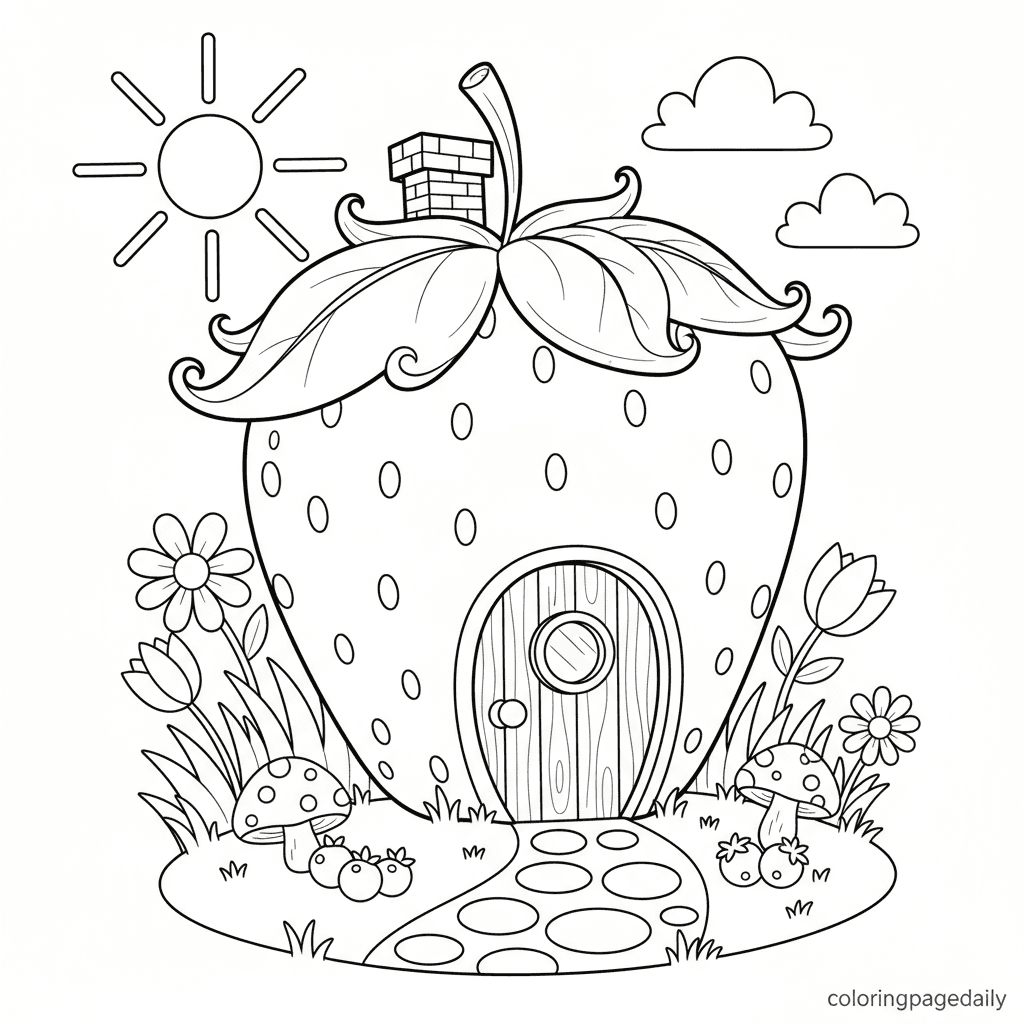Magical Strawberry House - Daily printable coloring page in Kids - Scenery category